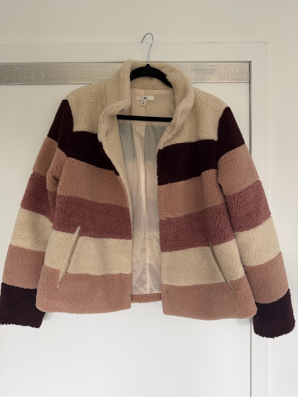 BP Striped Teddy Jacket in Cream, Mauve, Blush, and Burgundy